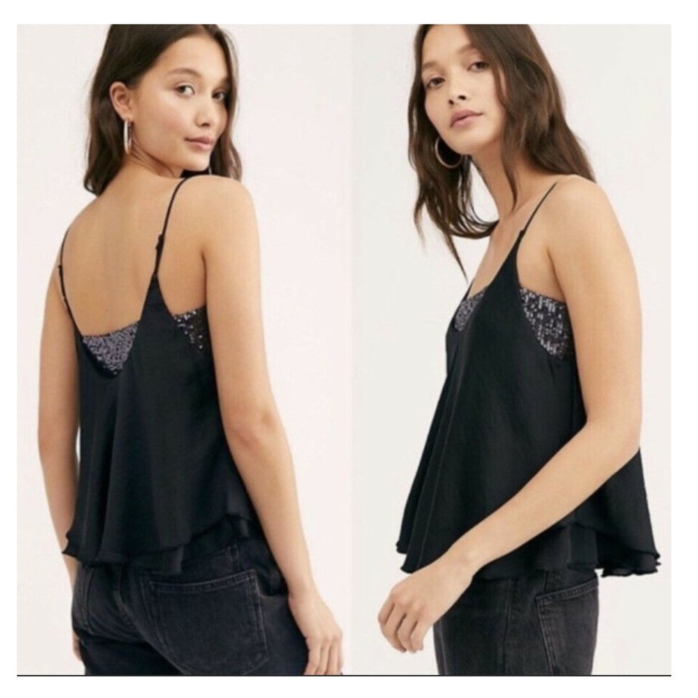 FREE PEOPLE Black Turn It On Tank Top Sequin Cami Size S & adjustable straps NWT